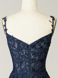 A Line Spaghetti Straps Navy Prom Dress with Appliques HZ1023