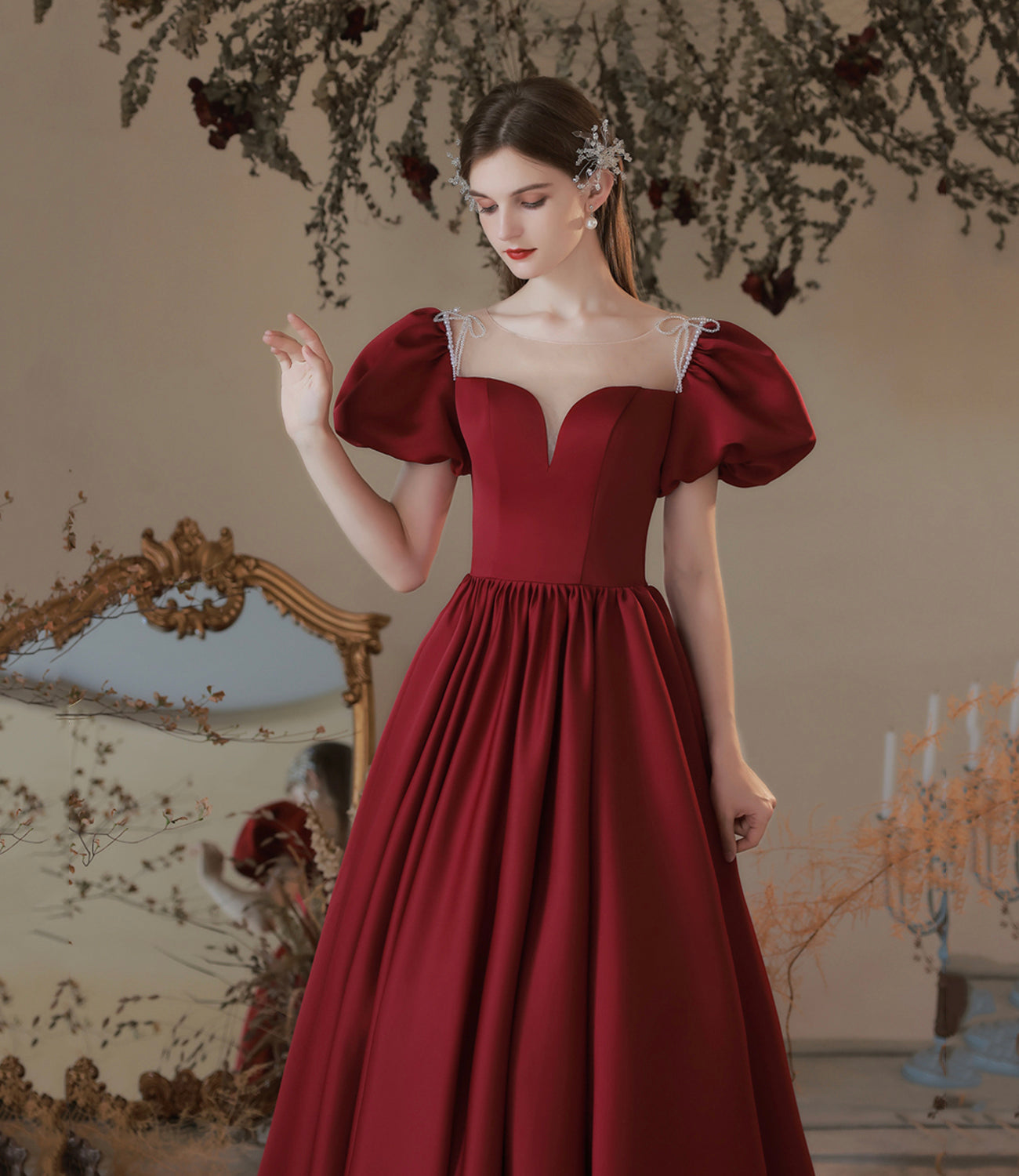 Burgundy satin long prom dress A line evening dress HZ1023
