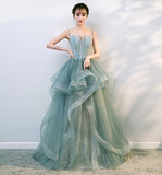 Green tulle lace long prom dress evening gown HZ1023