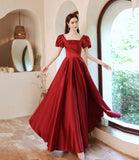 Burgundy satin long A line prom dress evening dress HZ1023