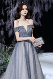 Grey tulle beads long prom dress shiny evening dress HZ1023