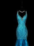 Blue Shiny Fashion Elegant V-neck Floral Long Mermaid Slim Fishtail Skirt Satin Floor Length Train Ball Gown Evening Gown Party Dress Prom Dress HZ1023