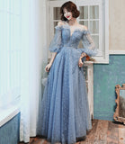 Blue tulle long A line prom dress blue evening dress HZ1023