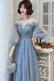 Blue tulle long A line prom dress blue evening dress HZ1023