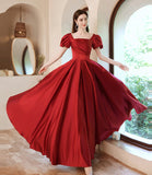 Burgundy satin long A line prom dress evening dress HZ1023