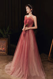 Shiny tulle sequins long prom dress A line evening dress HZ1023