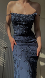 Navy Blue Vintage Spaghetti Straps Elegant Delicate Floral Beads Long Ball Gown Evening Gown Mermaid Birthday Party Dress Prom Gown HZ1023