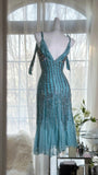 Green Luxury Gorgeous Retro Fashion Exquisite Tassel Beaded Mid-Length Chiffon Ball Gown Birthday Party Dress Evening Dress Prom Dress HZ1023