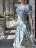 Blue Floral Elegant Long Chiffon Homecoming Dress Ball Gown Evening Dress Wedding Guest Dress Birthday/Garden Party Dress Prom Dress HZ1023