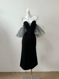 Black Fashion Elegant Short Sleeve Midi Long satin Homecoming Dress Prom Dress Evening Dress Party Dress Prom Dress HZ1023