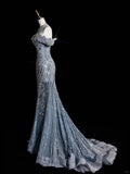 ???Silver Blue Luxurious Heavy Industry Sparkling Gorgeous Elegant Exquisite Beading Stunning Long Mermaid Dress Sequin Floor Length Trailing Prom Dress Evening Dress Wedding Dress HZ1023