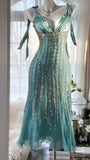 Green Luxury Gorgeous Retro Fashion Exquisite Tassel Beaded Mid-Length Chiffon Ball Gown Birthday Party Dress Evening Dress Prom Dress HZ1023