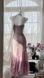 Pink Purple Elegant Romantic Exquisite Beaded Long Chiffon Ball Gown Evening Dress Birthday/Wedding Guest/Holiday Party Dress Prom Dress HZ1023