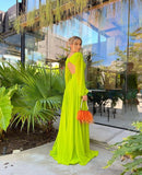 Yellow Green A-line elegant flowing long chiffon ball gown evening dress party dress HZ1023
