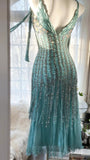 Green Luxury Gorgeous Retro Fashion Exquisite Tassel Beaded Mid-Length Chiffon Ball Gown Birthday Party Dress Evening Dress Prom Dress HZ1023