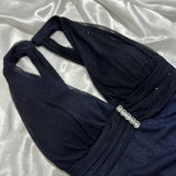 Dark blue shiny elegant exquisite beaded strap long chiffon ball gown, evening dress, party dress, graduation dress HZ1023
