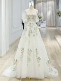 White exquisite floral fashion short sleeve long tulle floor length ball gown, evening dress, party dress HZ1023