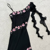 Black Gorgeous Elegant Delicate Pink Embroidered Appliqu¨¦ Beaded One Shoulder Long Chiffon Ruffled Sequin Ball Gown Birthday Party Dress Evening Gown Prom Gown Holiday Date Night Gown HZ1023