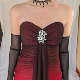 Black Red Fashion Gradient Retro Exquisite Rhinestone Elegant Shiny Long Chiffon Ball Dress Evening Dress Birthday Party Dress Prom Dress HZ1023