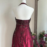 Burgundy Vintage Fashion Stunning Elegant Exquisite Beaded Long Satin tulle High Waist Formal Gothic Ball Gown Evening Gown Birthday Party Gown Prom Gown Graduation Gown HZ1023