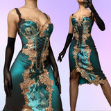 Turquoise Beautiful Fantasy Vintage Elegant Delicate Floral Sequin Beaded Bustier Midi Satin Homecoming Gown Prom Gown Evening Gown Party Gown Graduation Gown HZ1023
