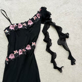Black Gorgeous Elegant Delicate Pink Embroidered Appliqu¨¦ Beaded One Shoulder Long Chiffon Ruffled Sequin Ball Gown Birthday Party Dress Evening Gown Prom Gown Holiday Date Night Gown HZ1023