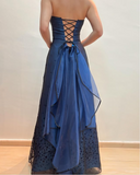 Blue Fashion Elegant Fairy Exquisite Stars Shiny Sequin Beading Spaghetti Straps Long Tulle Chiffon Satin Ball Gown Evening Dress Birthday Party Dress Prom Dress HZ1023