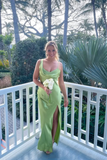 Green Fashion Elegant Spaghetti Straps Long Slit Sexy Satin Ball Gown Evening Dress Wedding Guest Birthday Party Dress Prom Dress HZ1023