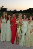 Green Fashion Elegant Spaghetti Straps Long Slit Sexy Satin Ball Gown Evening Dress Wedding Guest Birthday Party Dress Prom Dress HZ1023