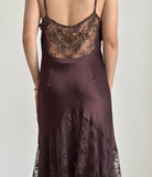 Brown Vintage Elegant Exquisite Floral Beading Spaghetti Strap Long Satin Lace Ball Gown Evening Dress Birthday Party Dress Prom Dress HZ1023