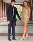 Gold Sequin One-Sleeve Short Homecoming Dress HZ1023