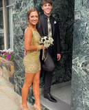 Gold Sequin One-Sleeve Short Homecoming Dress HZ1023