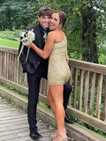 Gold Sequin One-Sleeve Short Homecoming Dress HZ1023