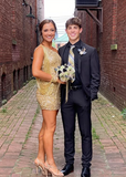 Gold Sequin One-Sleeve Short Homecoming Dress HZ1023