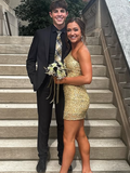 Gold Sequin One-Sleeve Short Homecoming Dress HZ1023