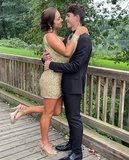 Gold Sequin One-Sleeve Short Homecoming Dress HZ1023