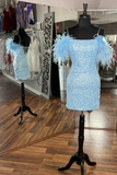 Light Blue Sequin Cold-Shoulder Feathers Short Party Dress HZ1023