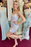 White Iridescent Sequins Lace-Up Mini Homecoming Dress HZ1023