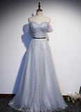 Light Grey Sweetheart Off Shoulder Long Party Dress, A-Line Tulle Prom Dress Evening Dress HZ1023