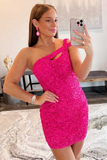 One-Shoulder Hot Pink Sequin Keyhole Mini Homecoming Dress HZ1023