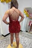 Sequin Spaghetti Straps Lace-Up Bodycon Homecoming Dress HZ1023