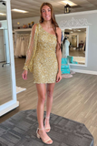 Gold Sequin One-Sleeve Short Homecoming Dress HZ1023
