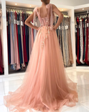 Pink charming heart-shaped sling tulle slit long evening dress HZ1023