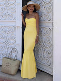 Yellow Fashion Tube Top Long Chiffon Elegant Ball Gown Evening Dress Wedding Guest Party Dress HZ1023