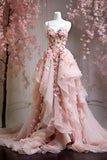 Pink gorgeous exquisite floral spaghetti straps long elegant sweet tulle floor-length trailing ball gown evening gown wedding dress graduation ball gown Flower Fairy HZ1023