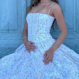 White floral sweet cute elegant long chiffon tube top homecoming dress wedding guest dress birthday party dress HZ1023