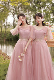 Pink Tulle Long A-Line Ball Gown Evening Gown Bridesmaid Dresses HZ1023