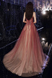 Shiny tulle sequins long prom dress A line evening dress HZ1023
