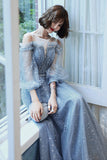 Blue tulle long A line prom dress blue evening dress HZ1023