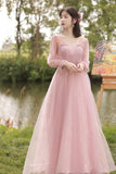 Pink Tulle Long A-Line Ball Gown Evening Gown Bridesmaid Dresses HZ1023